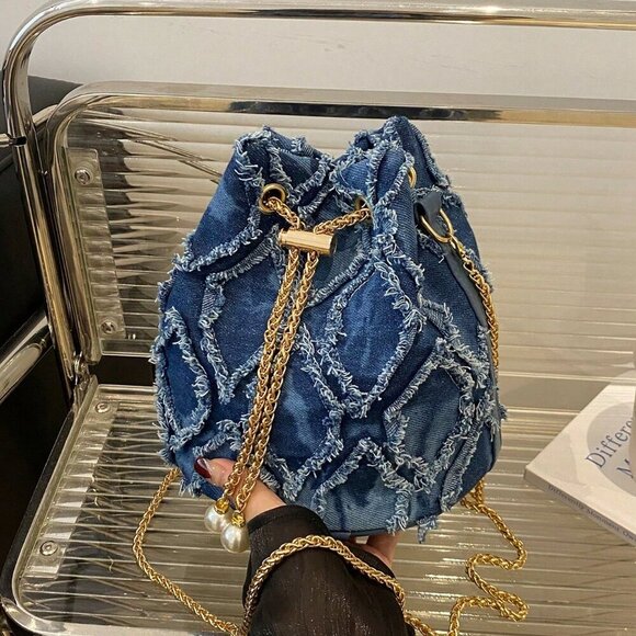 Blue Fashionable Women's Diamond-Shaped Shoulder Bucket Bag - Picture 4 of 7